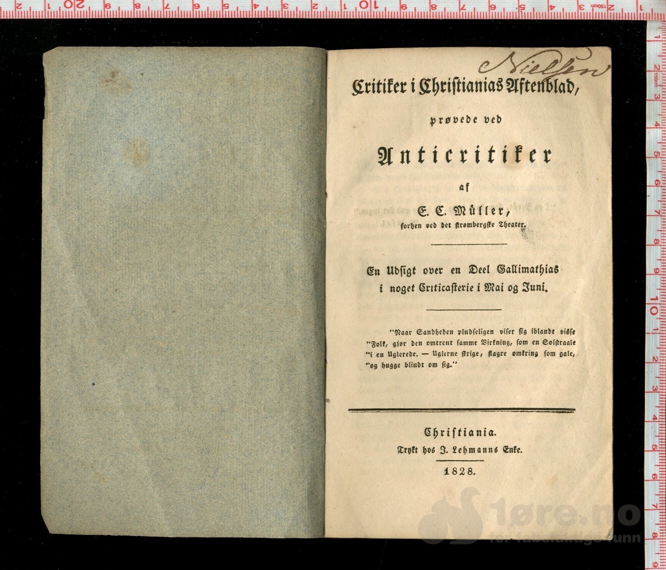 Muller, Erik Christian - Critiker i Christianias Aftenblad, prøvede Anticritiker. (1828)